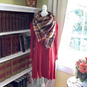 Women’s Modest Conservative Orange Tunic With Plaid Blanket Scarf Size Small